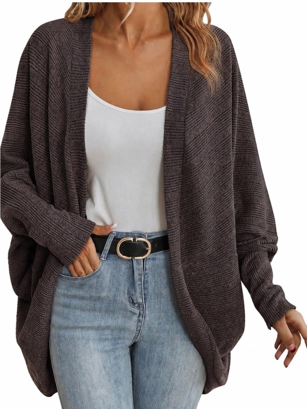 COZY CASUAL Chunky Cocoon Cardigan Open Front Woven Sweater Dark Brown & Black